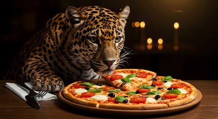 Curious Leopard Inspecting Pizza at a Table Setting