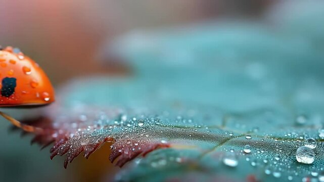 A close-up of a ladybug with water droplets on its body, walking on a dewy leaf. macro tiny creatures moving.  