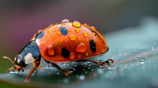 A close-up of a ladybug covered in water droplets walking on a dewy surface. macro tiny creatures moving.  