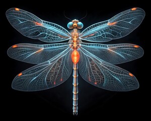 Macro closeup of a green dragonfly insect with delicate wings isolated on a stark black background, highlighting its intricate eye