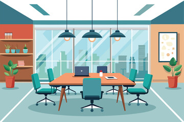 Illustration of a modern office conference room featuring stylish furniture and a large window overlooking a city skyline, conveying professionalism and creativity.