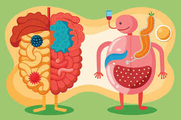 Vibrant and creative illustration showcasing the human digestive system with bacteria. Highlights the concept of gut health and anatomy through a playful and educational design.