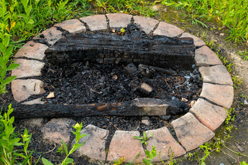 Charred remains of a cozy campfire reflect moments of friendship in an inviting outdoor setting at dusk