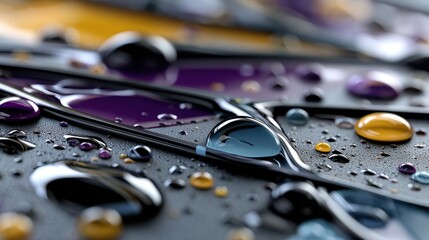 Close-up of colorful oil droplets on a wet smartphone screen with reflections and water beads