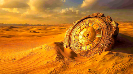 Ancient gold clock half-buried in desert sands, weathered by the endless passage of time