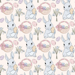 Easter bunny Seamless Pattern. Cute Girlish bunnies for kids standing with placard. Rabbit or hare, spring festive animal with Pink Bow. Hand Drawn holiday decent vector character