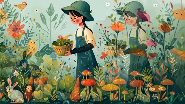 Cartoon gardener animation in the vegetable patch