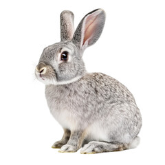 Fototapeta premium Side view of a sitting gray rabbit, cut out and isolated on a transparent background 