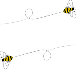Bee flying path. A bee flying in a dotted line. The flight path of bee. Bee flying on a dotted route. Hand drawn bees illustration.
