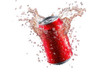 Red Soda Can with Splashing Liquid On Transparent Background