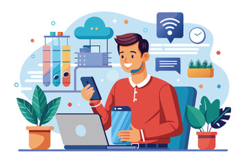 Illustration of a young professional multitasking with phone and laptop, surrounded by digital and networking icons in a modern office setting.