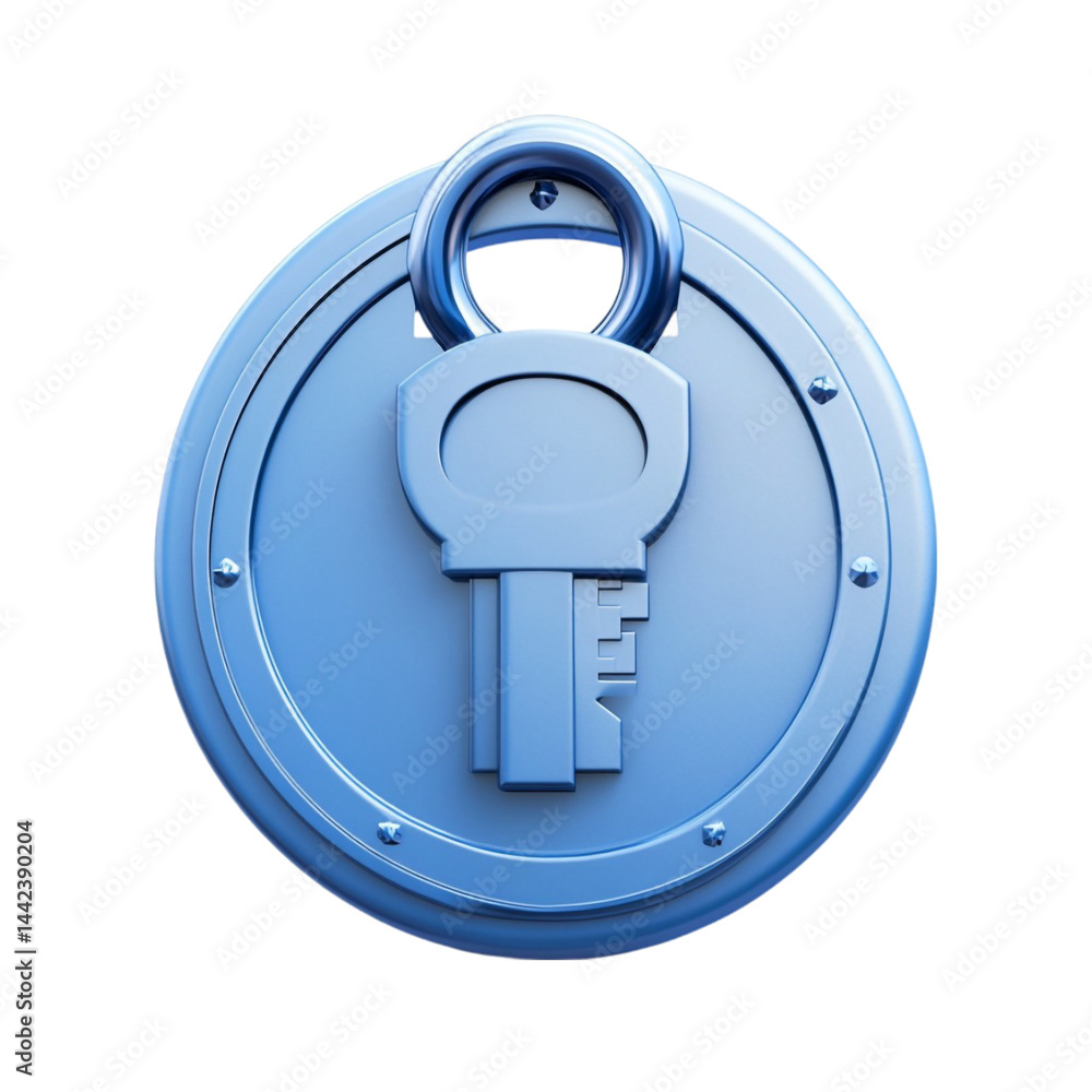 Poster blue circular keyhole design with a metallic key a security concept