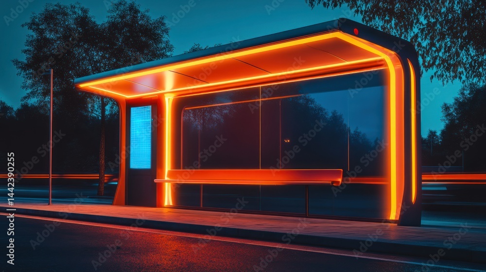 Aufkleber an illuminated modern bus stop structure sits in the evening twilight