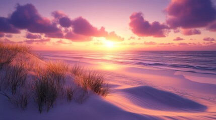 Ethereal beach sunset with dreamy sandscapes