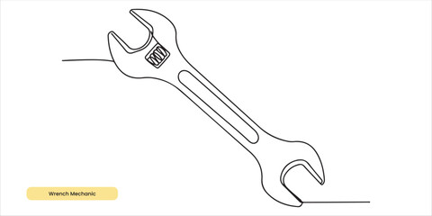 Wrench Mechanic Tool continuous single line art drawing sketch on white background



