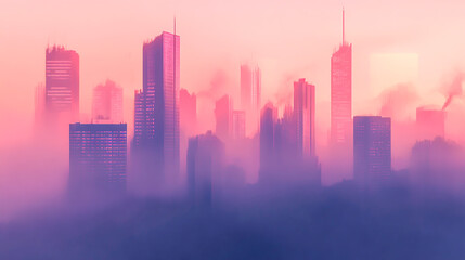 Fototapeta premium Foggy urban skyline where shadowy towers rise through morning mist into a pastel pink dawn