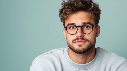 Obraz premium Casual portrait of a young man with a strong jawline, wearing a grey sweatshirt and black rimmed glasses, looking thoughtfully at the camera. 
