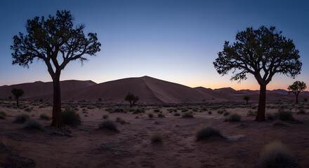 Desert Landscape with Trees at Dusk Sand Dune Scenery