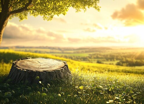 Tree stump in a sunlit field, idyllic nature scene.