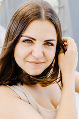 Fototapeta premium Close up portrait of a professional business woman smiling outdoor