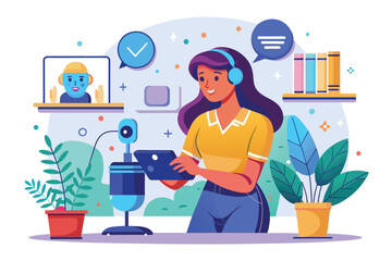 A young woman wearing headphones participates in a virtual meeting. Surrounded by plants and books, she is focused on a digital screen, embodying modern communication and productivity.