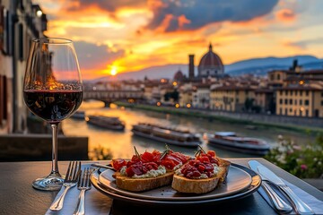 Romantic sunset dinner in Florence, Italy, featuring red wine and bruschetta overlooking the Arno River and Ponte Vecchio.