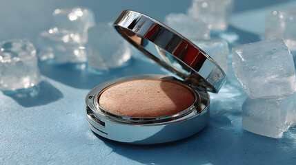 compact makeup product with shiny surface, surrounded by ice cubes, creates refreshing vibe