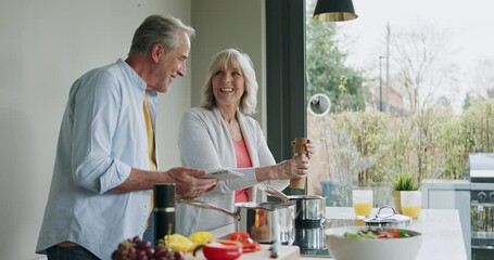 Cooking, tablet and happy with old couple in kitchen for social media, online recipe and internet. Food, nutrition and diet with senior man and woman at home for dinner, marriage and breakfast - Powered by Adobe