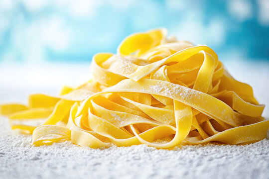 Pile of raw tagliatelle pasta rests on a floured surface, highlighting its golden texture and freshness representing  traditional italian cooking, and homemade food. 