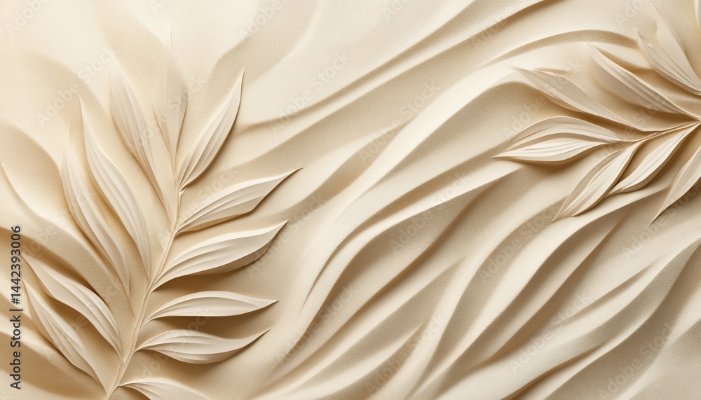 Poster beige textured background with embossed leaf patterns.