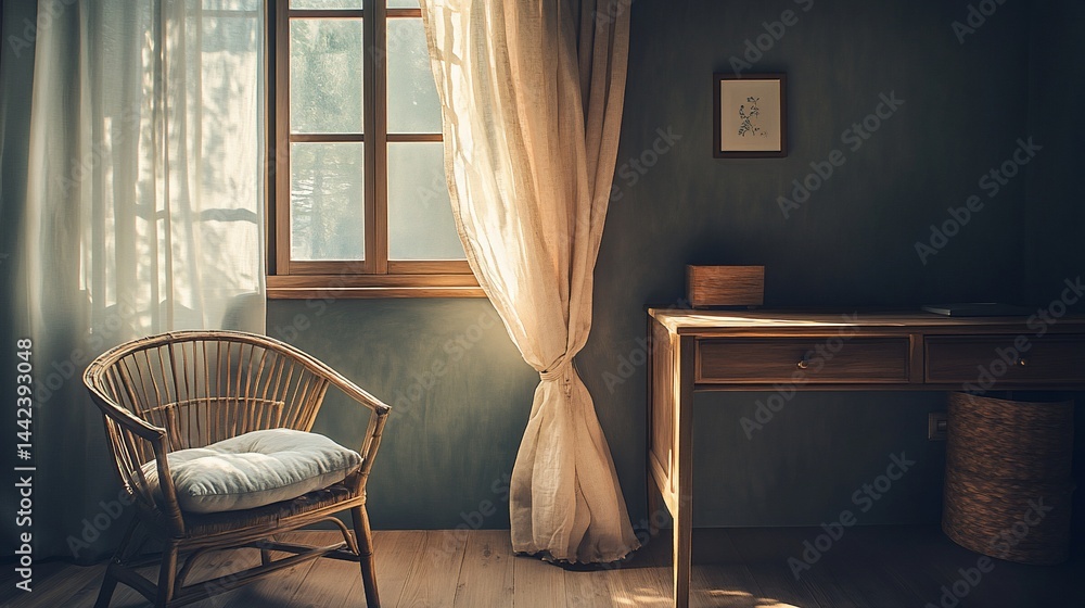 Poster sunlight streams through sheer curtains illuminating a rustic wooden chair and desk in a room with t