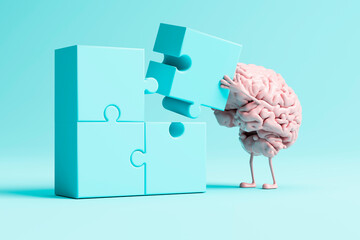 3D rendering of a Brain solving a puzzle, mental health, mental wellbeing, active lifestyle, health, self-care, cognitive health, memory training, humour, physical fitness, intelligence