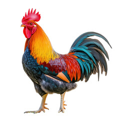 Fototapeta premium Colorful rooster side view, vivid feathers, isolated on transparent background, cut out, no shadow, standing proudly 