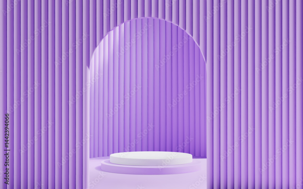 Poster 3d purple scene background with white podium and arch gate for product presentation. abstract minima
