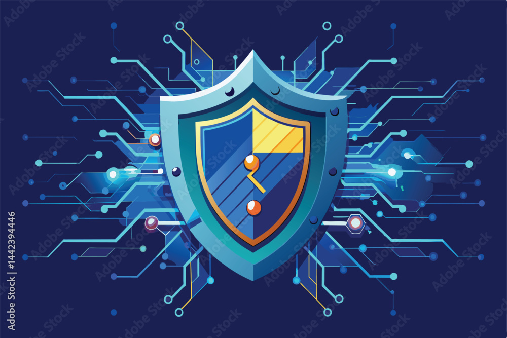 Poster illustration of a digital shield surrounded by electronic circuits, symbolizing cyber security measu