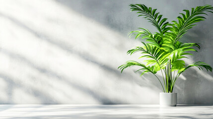 Serene interior design with a lush green plant standing out against sleek grey tones