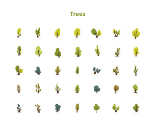 A bundle of flat style tree icons showing different types of trees