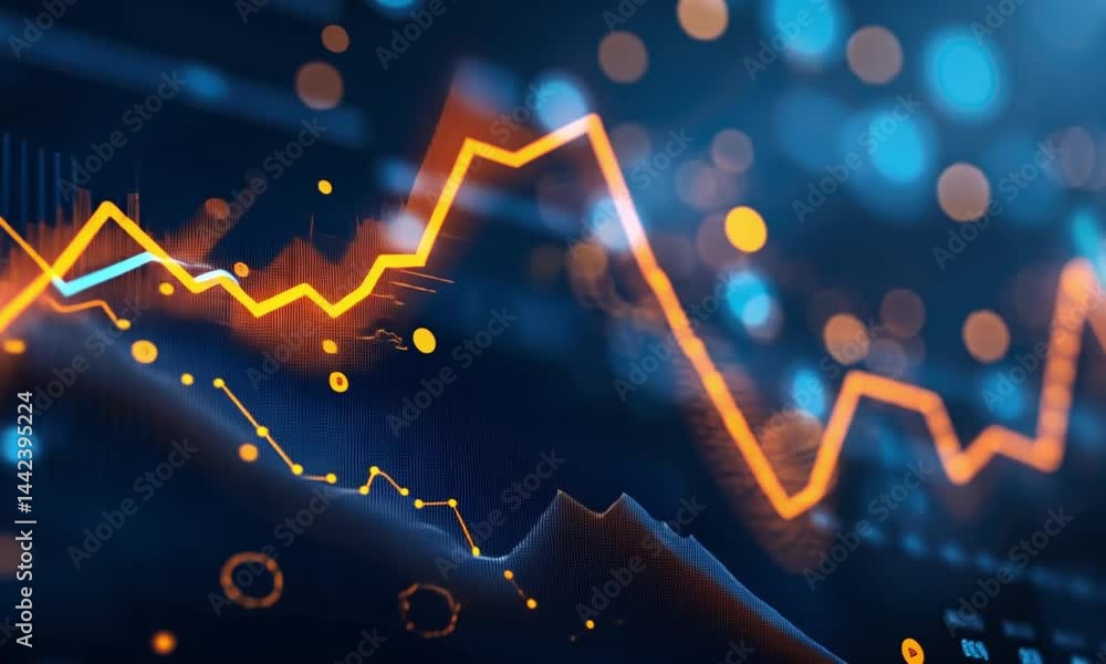 Poster abstract stock market data visualization: dynamic orange and blue graphs