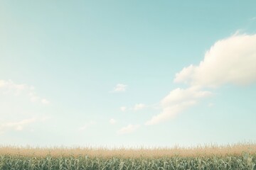 Fototapeta premium Serene landscape of a cornfield under a vast blue sky with fluffy clouds.