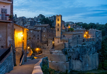 Lit ancient village of Ronciglione at blue hour in Province of Viterbo, Lazio, Italy