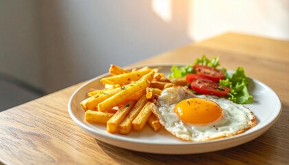 a delicious breakfast platter: french fries, a fried egg, and a salad on a wooden table