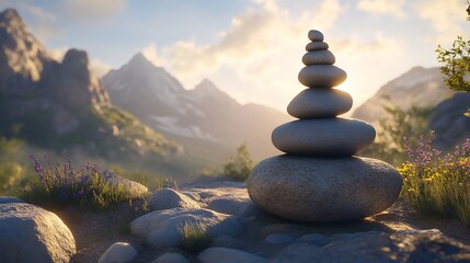 Stacked stones at sunset in a mountain landscape.