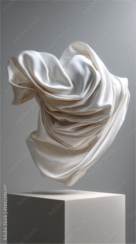 Poster Soft folds of white cloth create an enchanting visual display, elevated above a simple pedestal. The delicate drapery invites viewers to ponder on themes of motion, elegance, and artistic expression