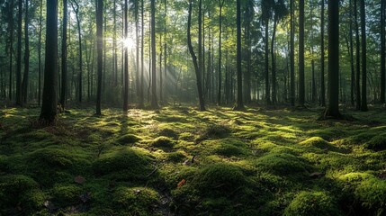Obraz premium Sunlit green forest mossy ground tranquil nature scene peaceful sunlight beams calm lush trees woods