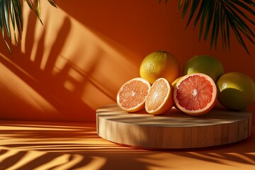 Sunlit grapefruits and oranges on wooden board, tropical palm leaf shadows.
