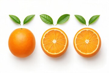 Fototapeta premium Fresh Orange Slices and Whole Fruit with Leaves, Isolated on White 