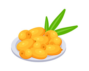 Fresh sea buckthorn berries lying on plate with green leaves