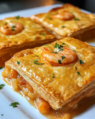 Florida Shrimp Pie, Close-up Shot right view, served on a white plate, background of kitchen, very tasty, delicious, homemade