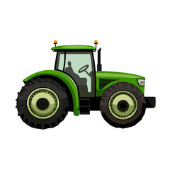 Obraz premium Green tractor moving through a rural landscape