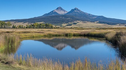 Majestic mountain peaks reflecting in the stillness of a pond